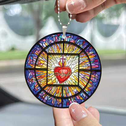 Teesdily | Jesus Sacred Heart Stained Glass Print Window Car Hanging Ornament Jesus Christ Acrylic Car Mirror Hanging Christmas Xmas Tree Decoration