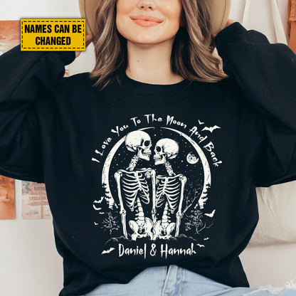 Teesdily | Customized Couple Skeleton Shirt, I Love You To The Moon And Back Hoodie Sweatshirt Mug, Matching Couple T-shirt, Wedding Halloween Gift