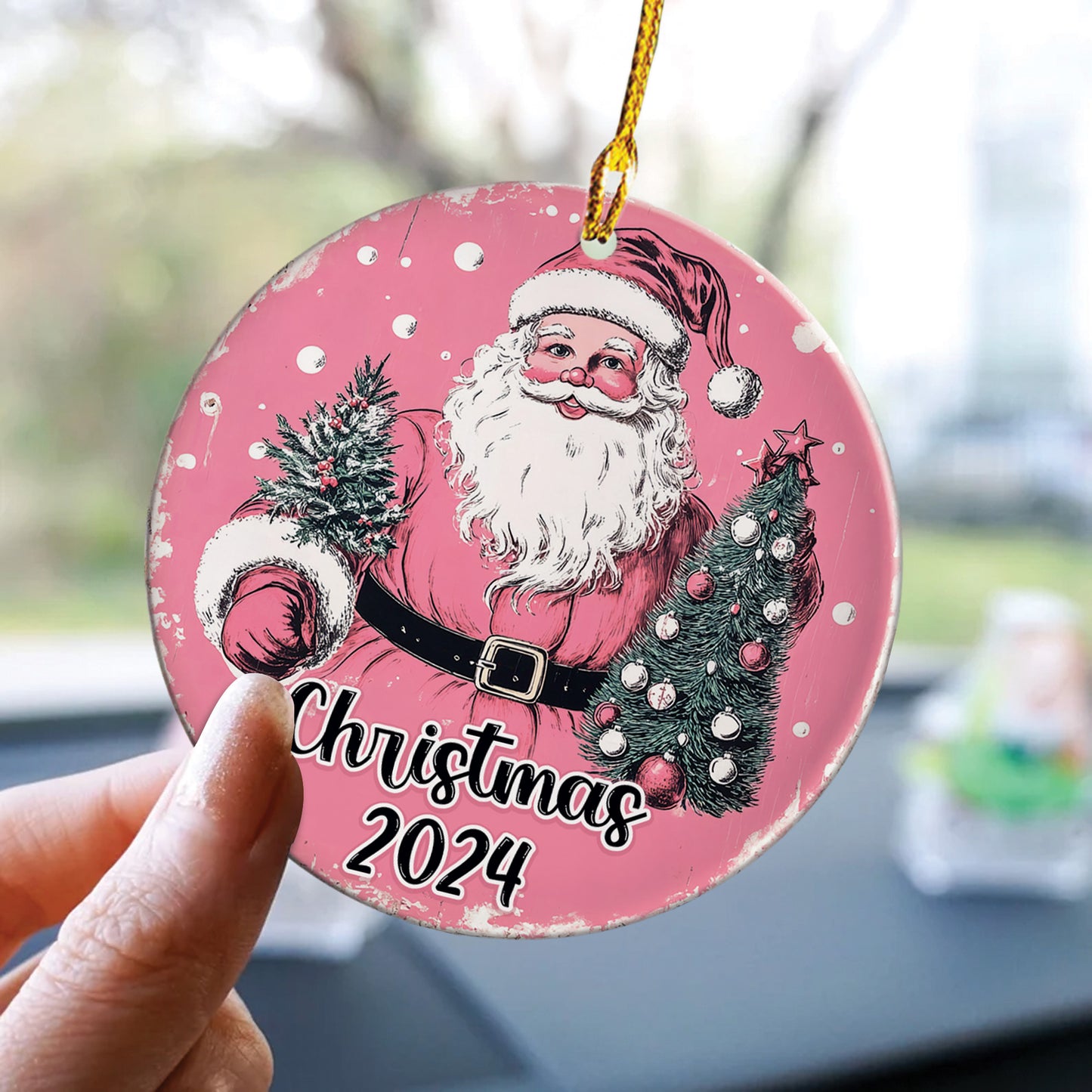 Teesdily | Pink Santa Ornament, Santa Claus Christmas Tree Ornament, Pink Coquette Santa Christmas Ornament, Noel Ornament Hanging Tree, Xmas Gift