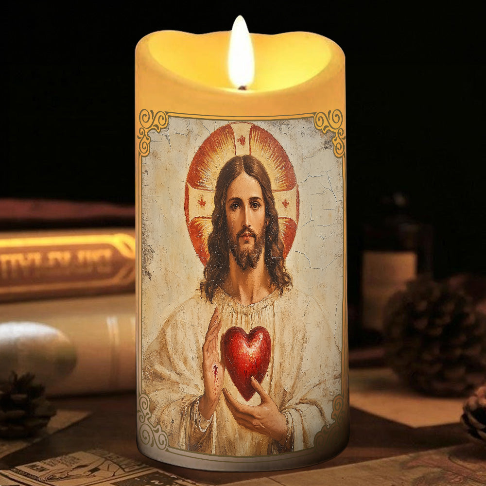 Teesdily | The Lord's Prayer LED Candle, Jesus Christ Scared Heart LED Candle Without Battery, Religious Christmas Home Decor