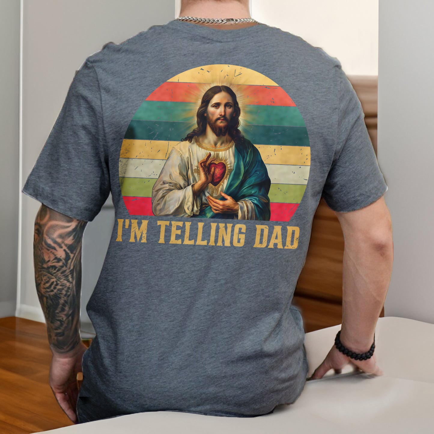 Teesdily | Jesus Sacred Heart Retro Shirt, I'm Telling Dad Shirt, Dad Grandad Vintage Sweatshirt Hoodie Mug, Father's Day Christian Dad Gifts