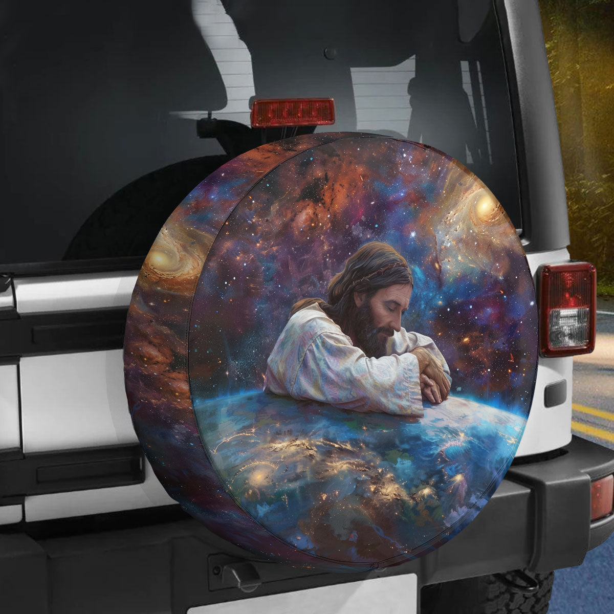 Teesdily | Jesus Earth Spare Tire Cover, Jesus Saves Earth Camper Wheel Cover, God Believer Gifts, Religious Spare Tire Cover 27"-34"