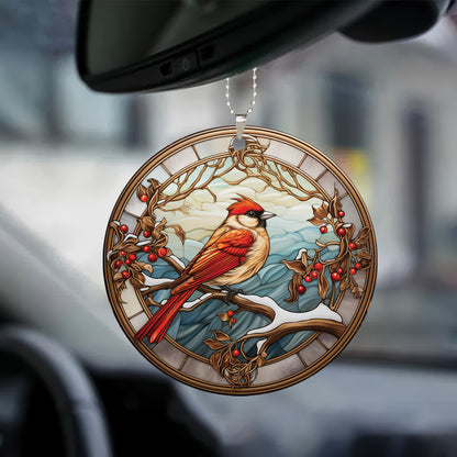 Teesdily | Cardinal Stained Glass Print Ceramic Ornament, Cardinal Bird Art Acrylic Ornament, Jesus Christ Theme Car Ornaments, Christmas Gifts