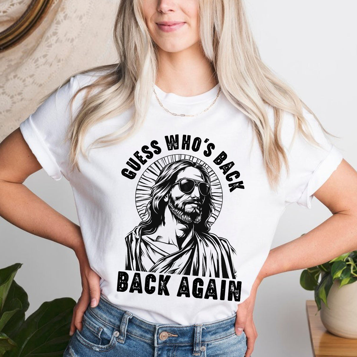 Teesdily | Jesus Christ Portrait Short Sleeve Tshirt Guess Who's Back Back Again Unisex Sweatshirt Hoodie Religious Gift For Christian