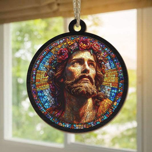 Teesdily | Jesus Flower Suncatcher, Jesus Christ Suncatcher Christmas Decor Hanging, God Faith Floral Stain Glass Suncatcher, Jesus Lover Gift