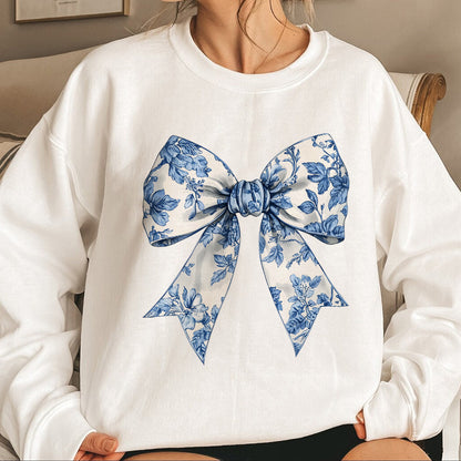 Teesdily | Toile De Jouy Coquette Bow Shirt, Blue Ribbon Sweatshirt, Toile Blue Bow Hoodie Mug, Girly Aesthetic Gift For Mom Sister