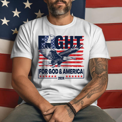 Teesdily | Eagle Fight 2024 American Flag Shirt, Fight For God And America Sweatshirt Hoodie Mug, Patriot T-shirt, American Pride Gifts