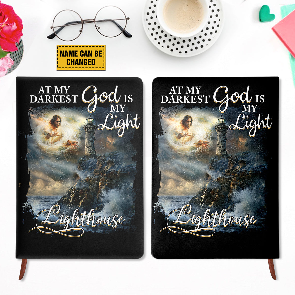 Teesdily | Personalized Jesus Lighthouse Storm Notebook, At My Darkest God Is My Light Notebook, God Faith Religious Gift, Christian Leather Journal