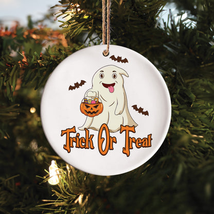 Teesdily | Cute Ghost Halloween Car Ornament, Trick Or Treat Ceramic Car Hanging Ornament, Halloween Ornament Decor, Happy Halloween Gift