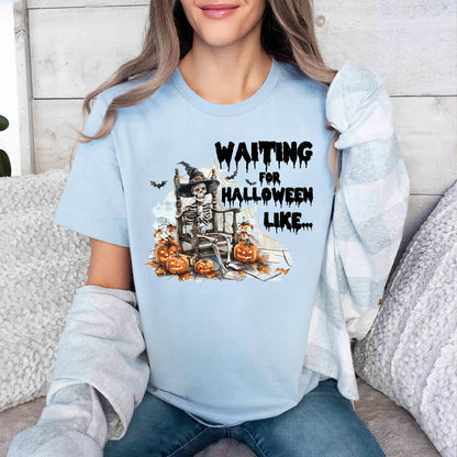 Teesdily | Funny Halloween Skeleton T-shirt, Skeleton Waiting For Halloween Like Sweatshirt Hoodie Mug, Skeleton Pumpkin Shirt, Halloween Party Gift