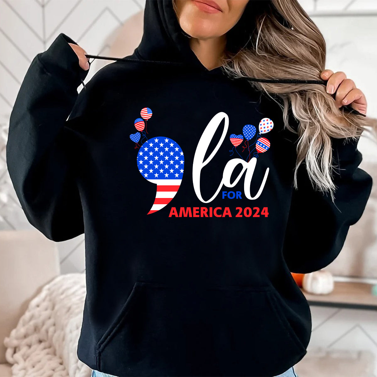 Teesdily | Comma La Shirt, Comma La For America T-shirt, 2024 American Flag Balloon Sweatshirt Hoodie Mug, Girl Power Patriot Gift