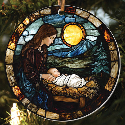 Teesdily | Jesus Christ Mary Christmas Ornament, Holy Family Stained Glass Printed Ornament, Nativity Religious Art Christmas Gift