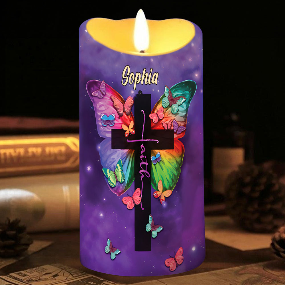 Teesdily | Customized Jesus Cross Butterfly LED Candle, I Can Do All Things Through Christ LED Candle, Religious Christmas Gift