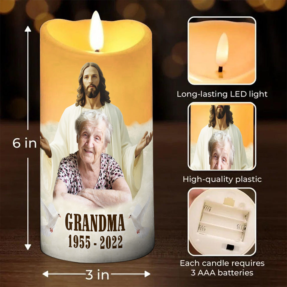 Teesdily | Customized Safe In The Arms Of Jesus LED Candle, Christmas Memorial LED Candle No Battery, Christ Cross Religious Gift