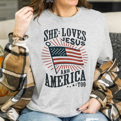 Teesdily | American Flag Tshirt, She Loves Jesus And America Too, Indepdence Day Sweatshirt Hoodie, Christian Gifts Mug