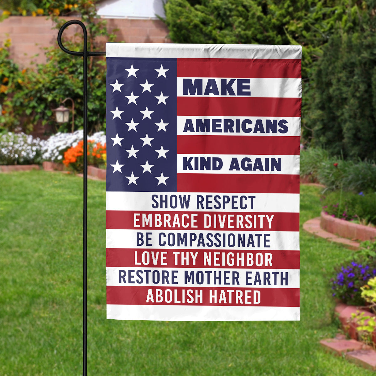 Teesdily | American House Flag, Make Americans Kind Again Show Respect House Flag, Patriot Gift, Christian Home Decor Flag