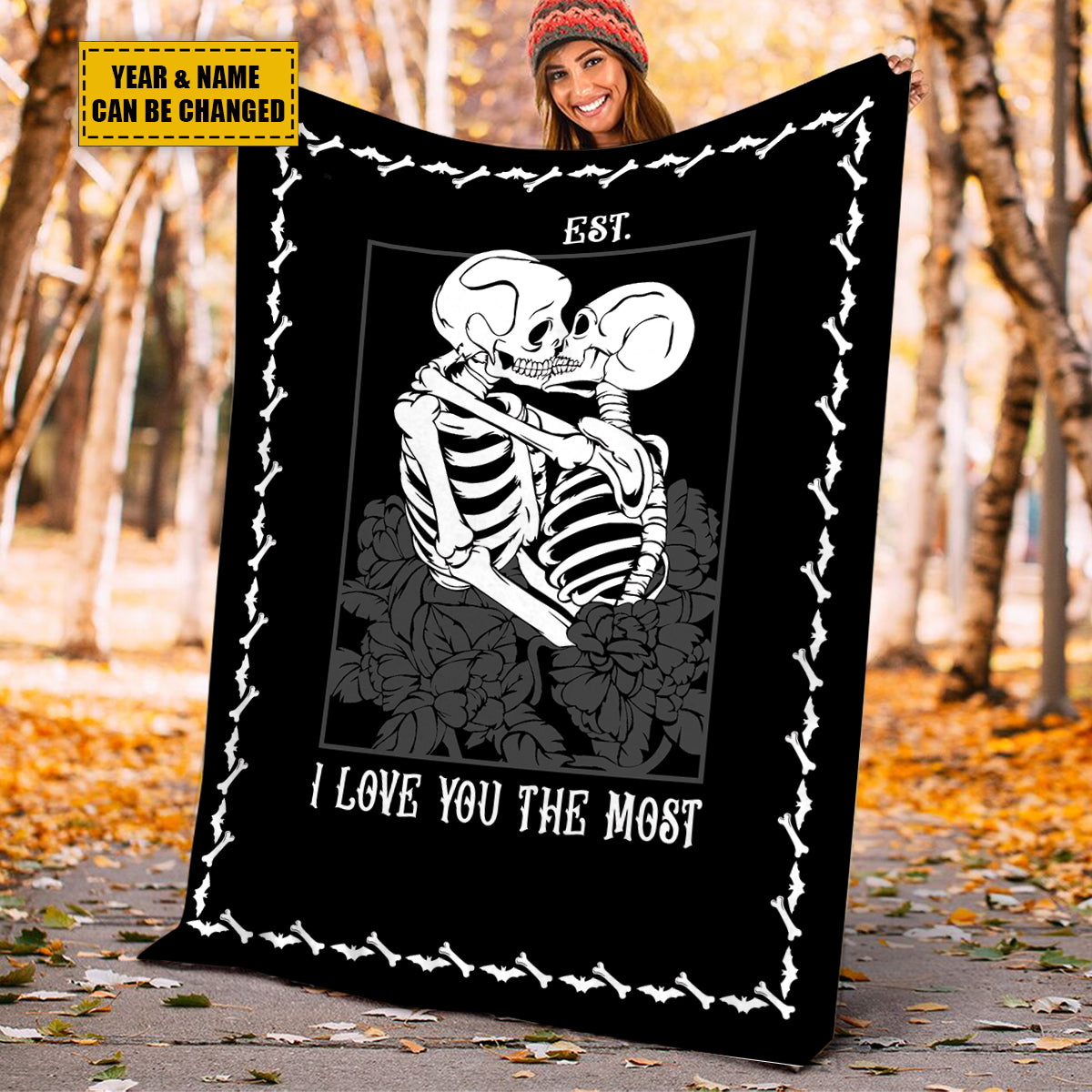 Teesdily | Skull Couple Personalized Fleece Blanket I Love You The Most Sofa Blanket Halloween Throw Spooky Skull Decor Goth Halloween Custom Gifts