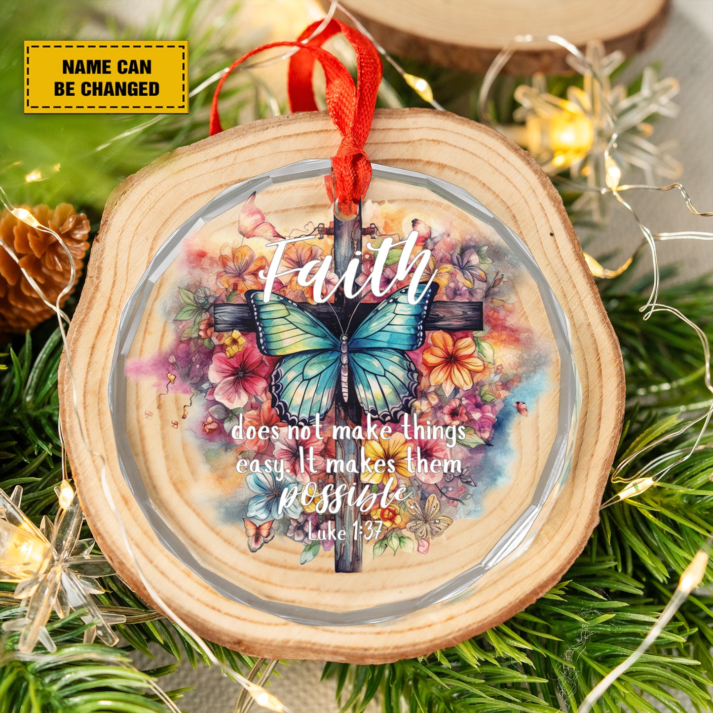 Teesdily | Custom Jesus Cross Butterfly Ornament Christmas, Faith Does Not Make Things Easy It Makes Them Possible Ornament, Christ Flower Ornaments