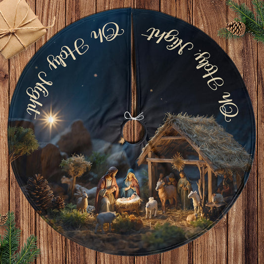 Teesdily | Jesus Nativity Scene Christmas Tree Skirt, Oh Holy Night Jesus Born Christmas Gift, Xmas Decoration, Jesus Lover Gift