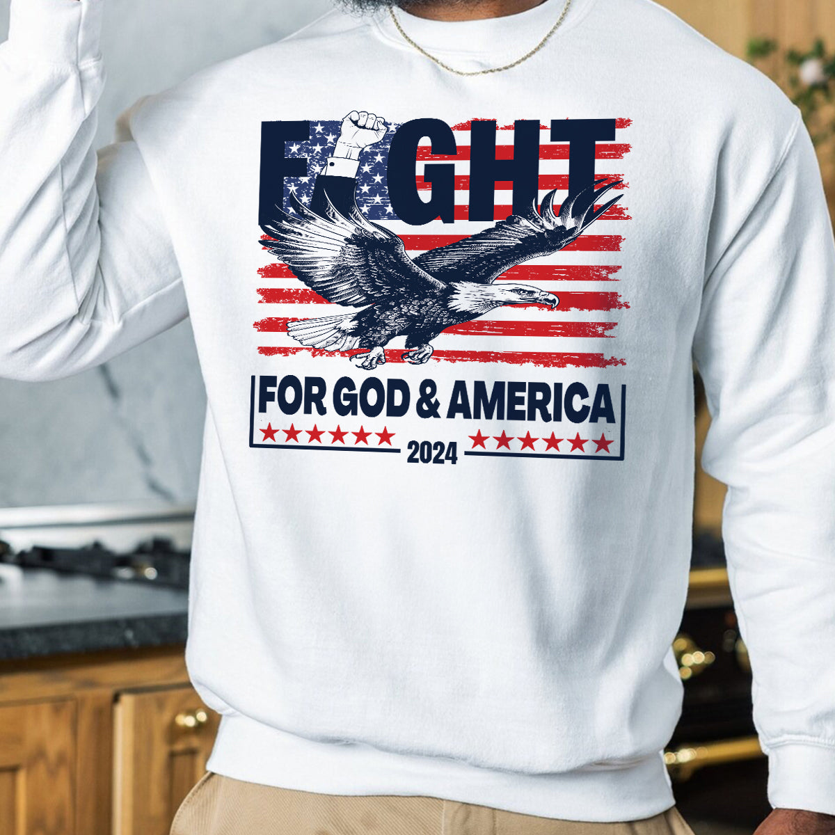 Teesdily | Eagle Fight 2024 American Flag Shirt, Fight For God And America Sweatshirt Hoodie Mug, Patriot T-shirt, American Pride Gifts