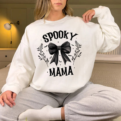 Teesdily | Retro Coquette Spooky Mama Bow Halloween Shirt, Back Bow Bat Flower Halloween Sweatshirt Hoodie Mug, Mama T-shirt, Halloween Gift