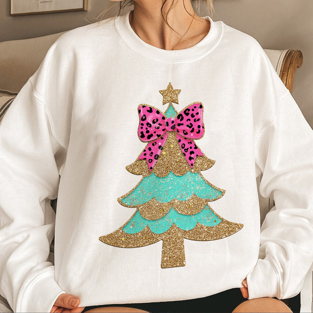 Teesdily | Christmas Tree Bow Shirt, Christmas Coquette Bow Glitter Leopard Sweatshirt, Christmas Hoodie Mug For Women