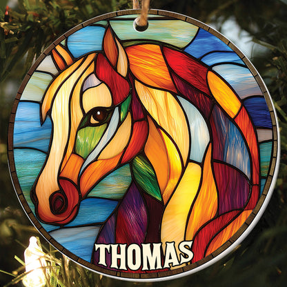 Teesdily | Personalized Horse Ornament, Christmas Horse Stained Glass Printed 2D Ornament, Horse Lover Gift Christmas Decor