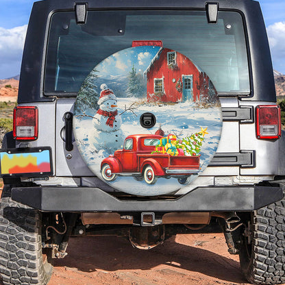 Teesdily | Vintage Red Truck Car Spare Tire Cover, Farmhouse Snowman Tire Protector, Christmas Tree Lights Wheel Cover, Car Accessories, Xmas Gift