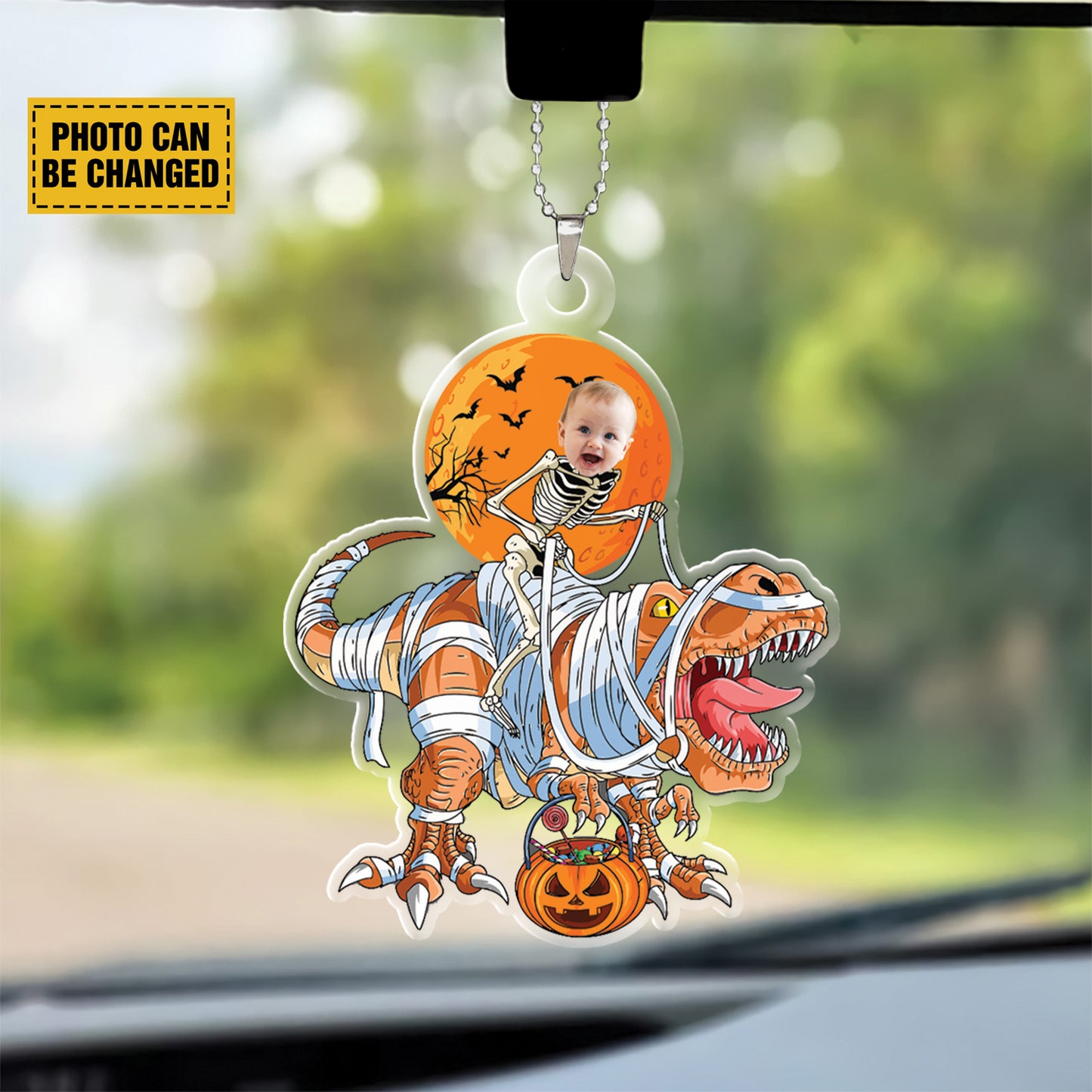 Teesdily | Customized Dinosaur Skeleton Ornament Halloween, Happy Halloween Party Rex Pumpkin Car Hanging Ornament, Trick Or Treat, Halloween Gift