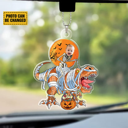 Teesdily | Customized Dinosaur Skeleton Ornament Halloween, Happy Halloween Party Rex Pumpkin Car Hanging Ornament, Trick Or Treat, Halloween Gift