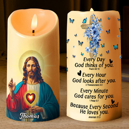 Teesdily | Personalized Jesus Cross Flowers LED Candle No Battery, Everyday God Thinks Of You Cares You, Religious Christmas Gift