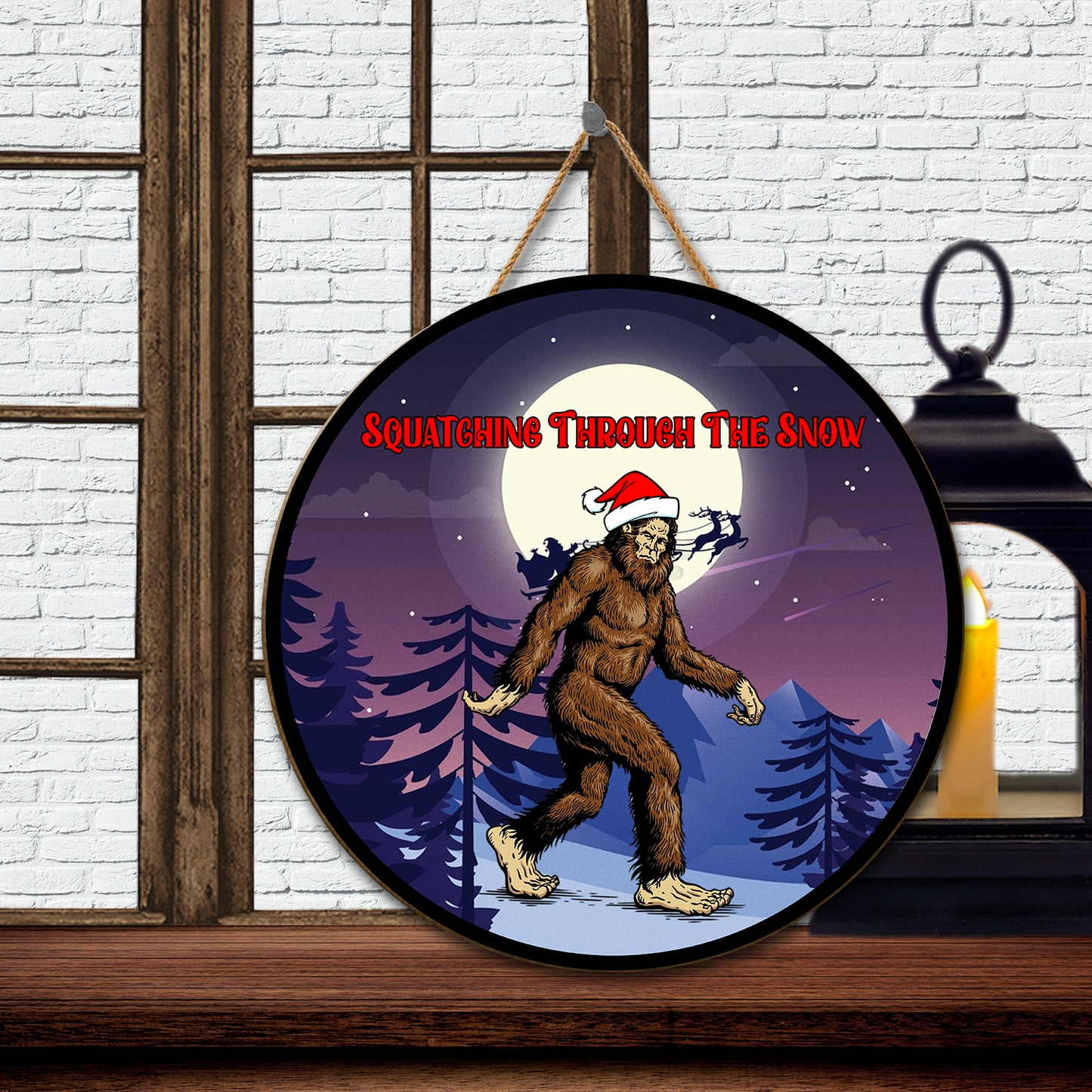 Teesdily | Santa Bigfoot Mountain Landscape Christmas Wood Sign Door Decoration Happy Christmas's Day Holiday Gift Idea Porch Decor