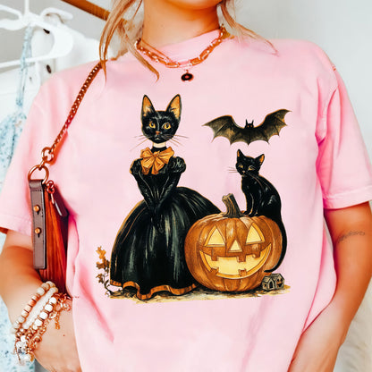 Teesdily | Cat Witch Halloween Shirt, Retro Halloween Pumpkin Sweatshirt, Black Cat Spooky Season Hoodie Mug, Cat Lover Gift