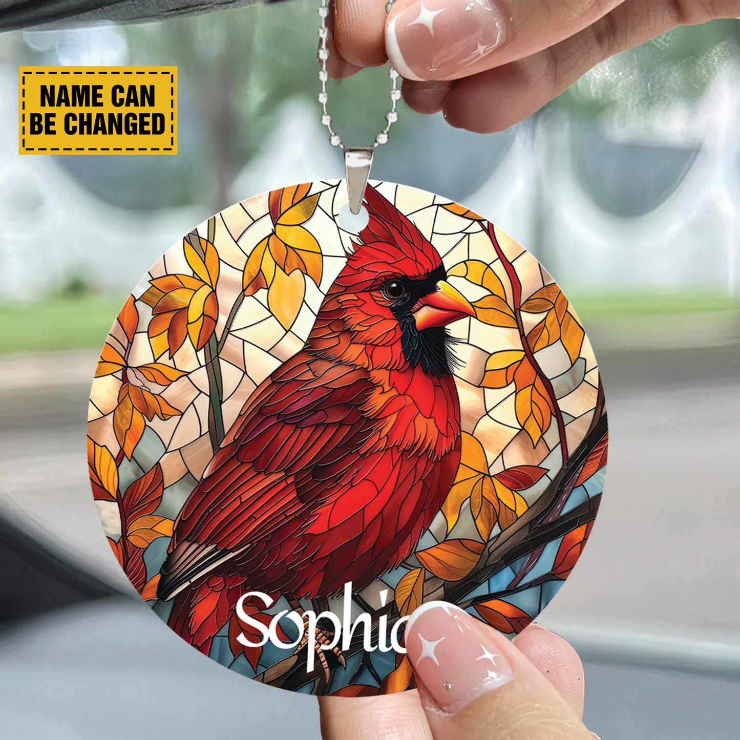 Teesdily | Customized Cardinal Ornament, Christmas Ornament Stained Glass Red Bird Car Hanging, Red Cardinals Ornament, Christmas Custom Gift