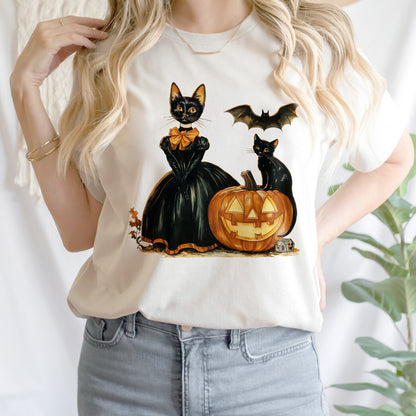 Teesdily | Cat Witch Halloween Shirt, Retro Halloween Pumpkin Sweatshirt, Black Cat Spooky Season Hoodie Mug, Cat Lover Gift