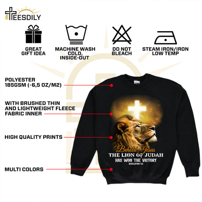 Teesdily | The Lion Of Judah Jesus Shirt, Behold Jesus The Lion Of Judah Has Won Victory, Lion Of Judah Hoodie Sweatshirt, Behold Mug