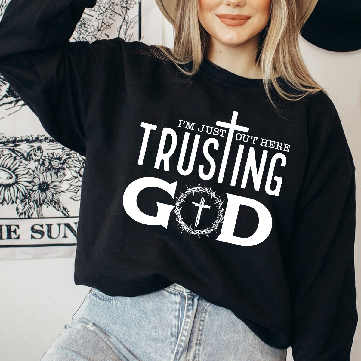 Teesdily | Jesus God Cross Crown Unisex Tshirt, I'm Just Out Here Trusting God Hoodie Sweatshirt Mug, God Believer Gift, Minimalist Streetwear Style