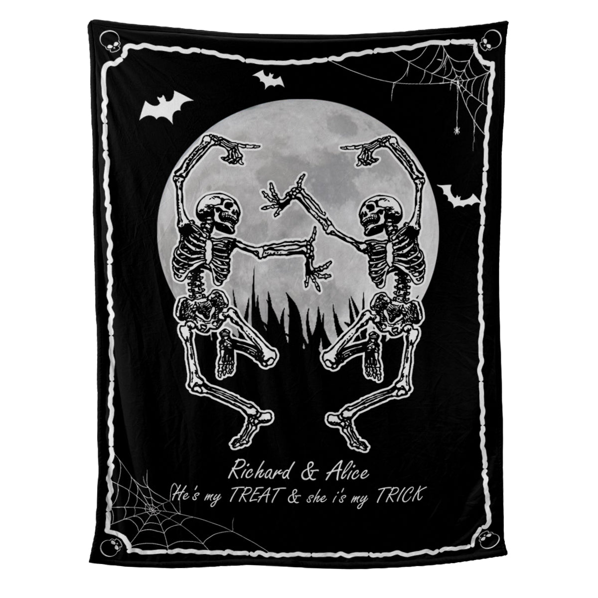 Teesdily | Couple Dancing Skeleton Personalized Fleece Blanket Gothic Skeleton Sofa Blanket Custom Halloween Gift For Wife Husband Boyfriend Girlfriend