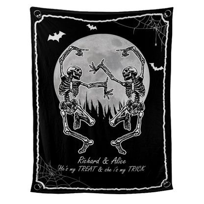 Teesdily | Couple Dancing Skeleton Personalized Fleece Blanket Gothic Skeleton Sofa Blanket Custom Halloween Gift For Wife Husband Boyfriend Girlfriend