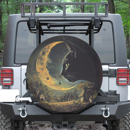 Teesdily | Black Cat Halloween Car Spare Tire Cover, Cat And Witch Moon Night Car Wheel Cover, Cat Lover Gift, Happy Halloween Decoration