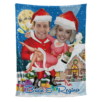 Teesdily | Christmas Couple Custom Photo Blanket, Christmas Theme Customize Blanket, Funny Xmas Gift For Partner, Christmas Holiday Bedroom Decor