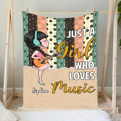 Teesdily | Music Girl Personalized Name Fleece Blanket Just A Girl Who Loves Music Sofa Blanket Birthday Holiday Gift For Daughter Sister Friends