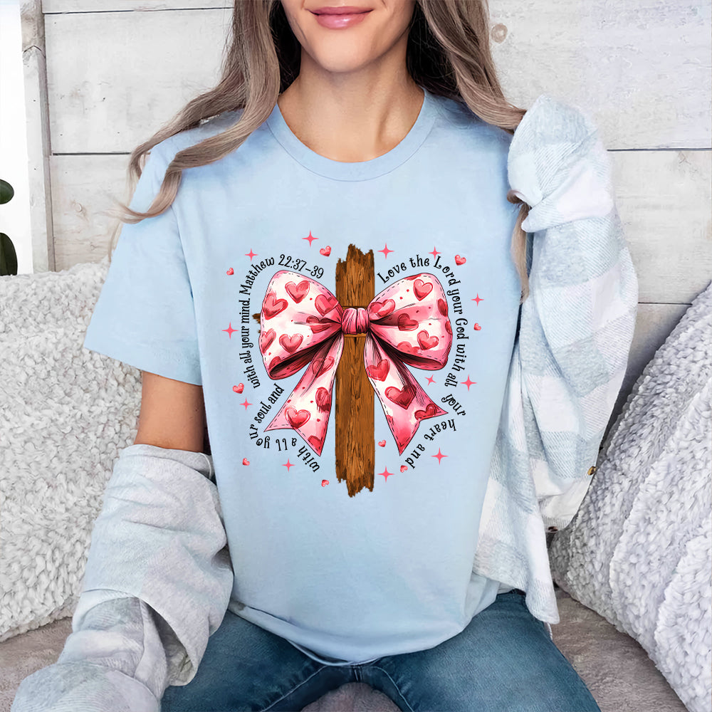 Teesdily | Jesus Cross Bow Shirt, Pink Bow Coquette Valentine Sweatshirt, Love The Lord Your God With All Your Heart Hoodie Mug