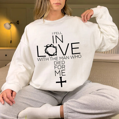 Teesdily | Jesus Cross Shirt, I Fell In Love With The Man Who Died For Me Tee Sweatshirt Hoodie Mug, Jesus Lovers Gifts, Christian Tee