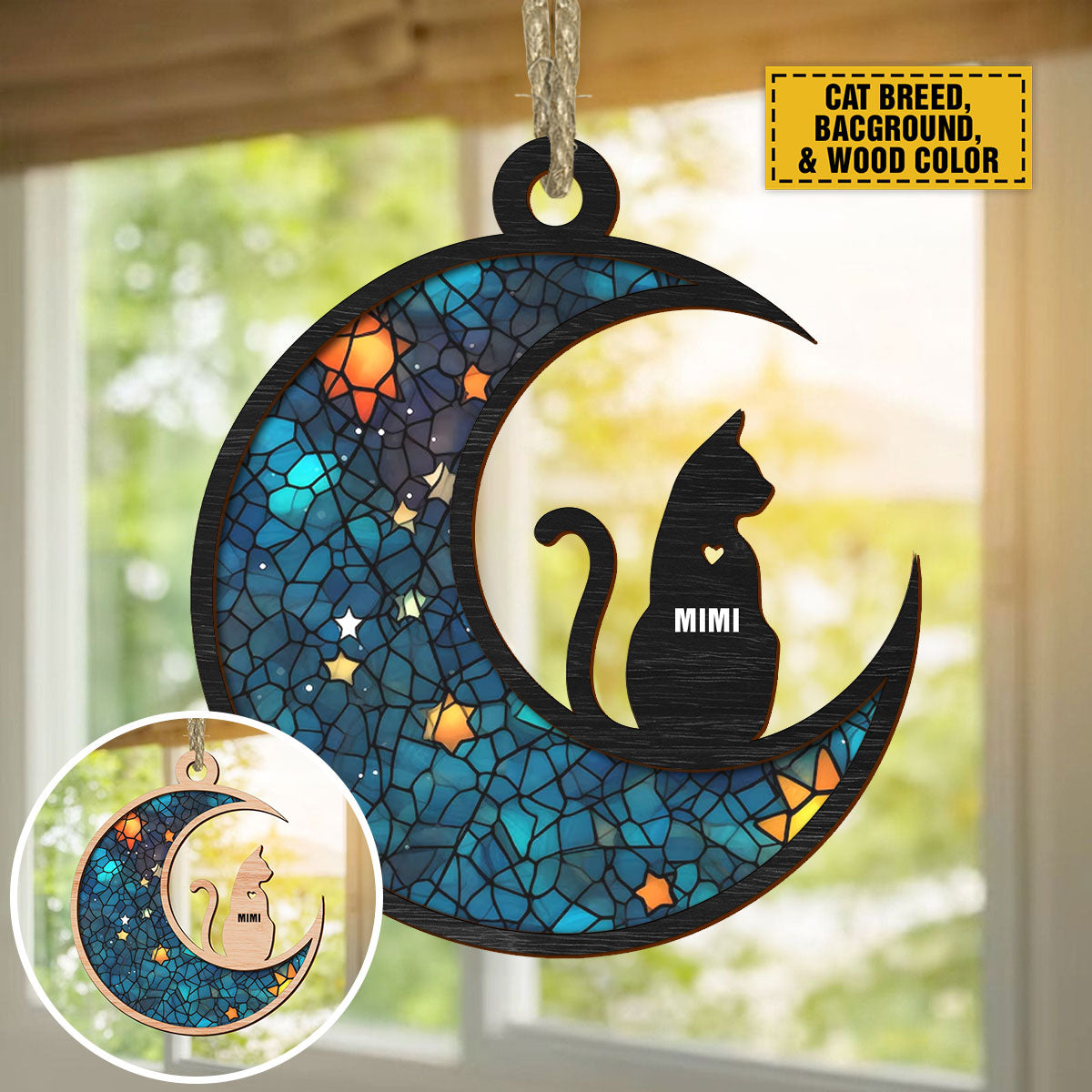 Teesdily | Personalized Cat On Moon Suncatcher Window Hangings, Keep Memories Custom Cat And Name Ornament, Gifts For Cat Lovers