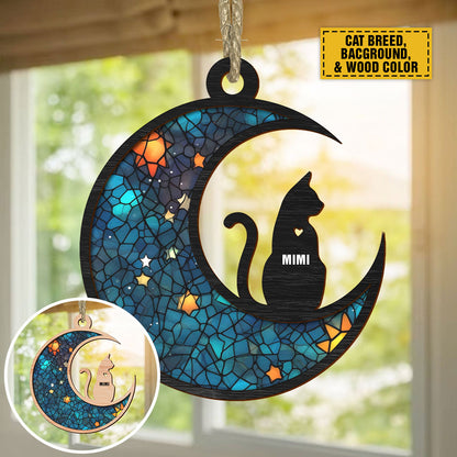 Teesdily | Personalized Cat On Moon Suncatcher Window Hangings, Keep Memories Custom Cat And Name Ornament, Gifts For Cat Lovers