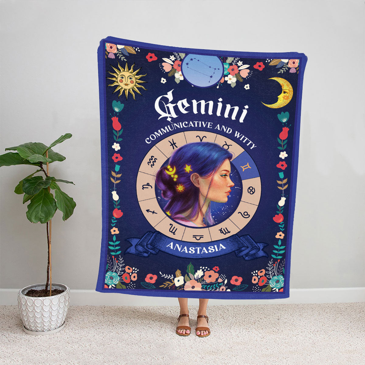 Teesdily | Gemini Zodiac Sign Characteristics Customized Blanket Communicative And Witty Sherpa Fleece Horoscope Design Astrology Gift Birthday