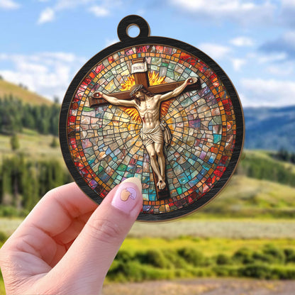 Teesdily | Jesus Crucifixion Suncatcher, Jesus Christ Cross Stain Glass Suncatcher, Faith Religious Suncatcher Christmas Decor, Jesus Lover Gift