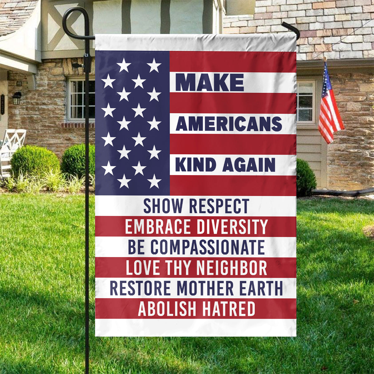 Teesdily | American House Flag, Make Americans Kind Again Show Respect House Flag, Patriot Gift, Christian Home Decor Flag