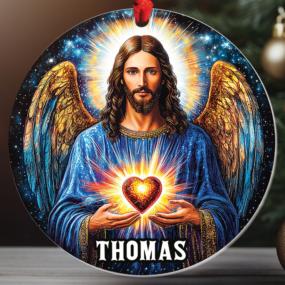 Teesdily | Personalized Jesus Angel Ornament Christmas, Jesus Christ Sacred Heart Ornament Decor, Christmas Ornament Gift